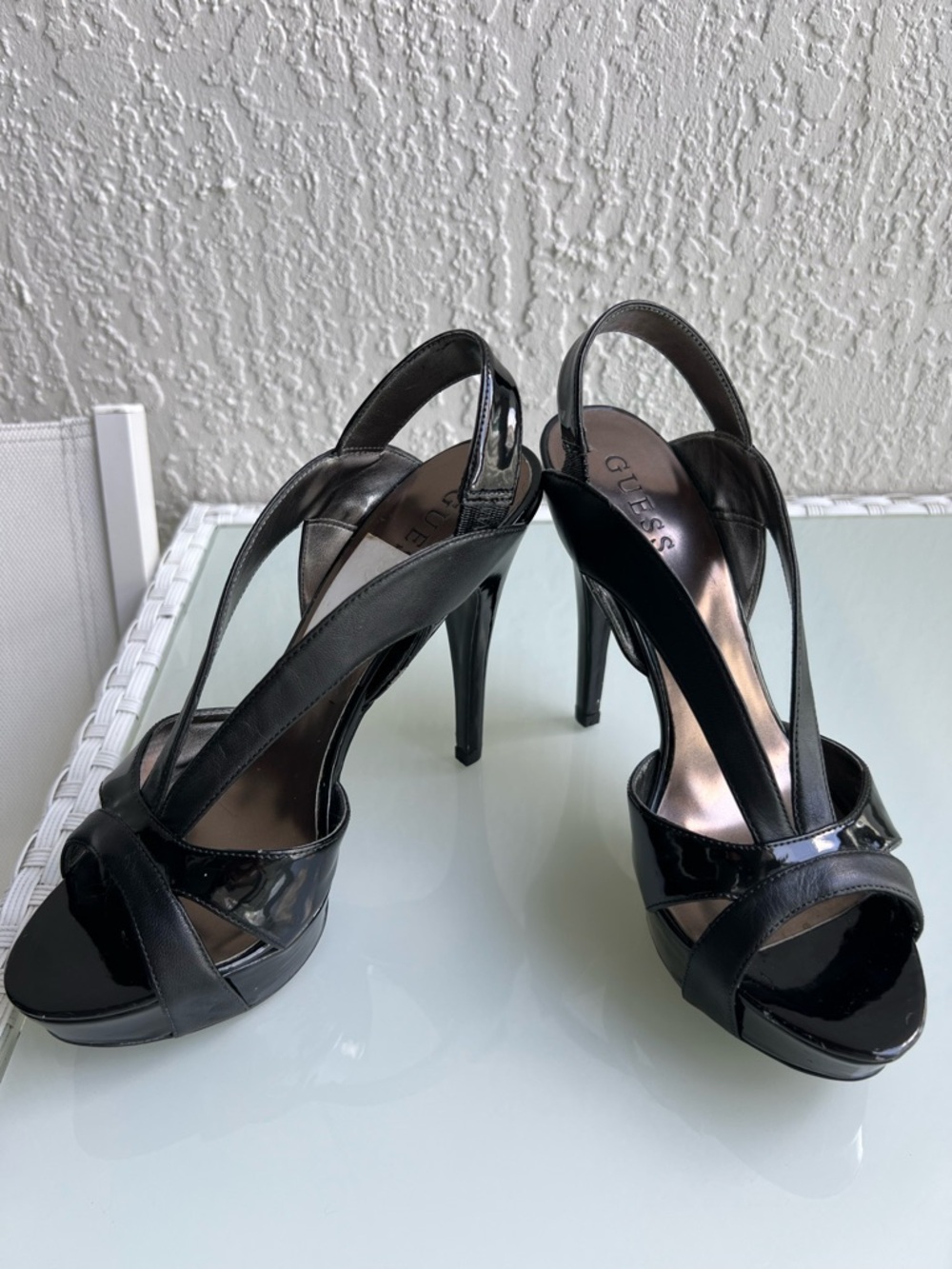 GUESS Black Patent Open-Toe Slingback Heels